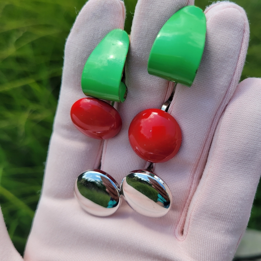 3 Pairs Vintage Clip-On Earrings ~ Coro ~ Napier ~ Red ~ Green ~ Silver ~ MCM